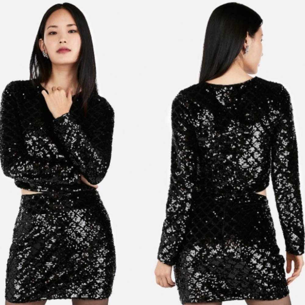 Express Black Sequin Diamond Pattern Cropped Long Sleeve Blouse